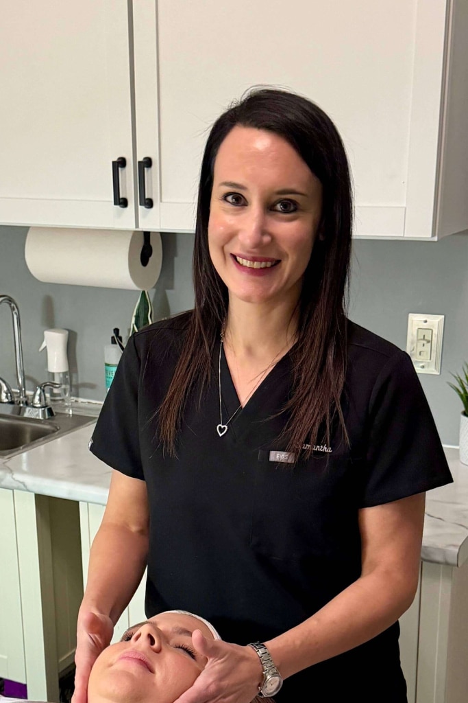 a woman preparing food in a kitchen